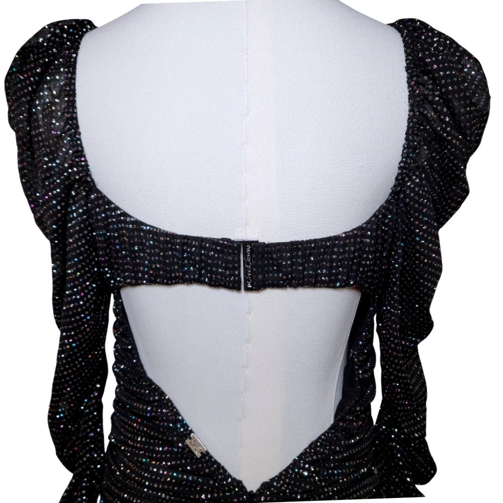 For Love & Lemons Black Glitter Ruched Glam Mini Dress Small NYE Holiday Sparkle - Picture 11 of 12